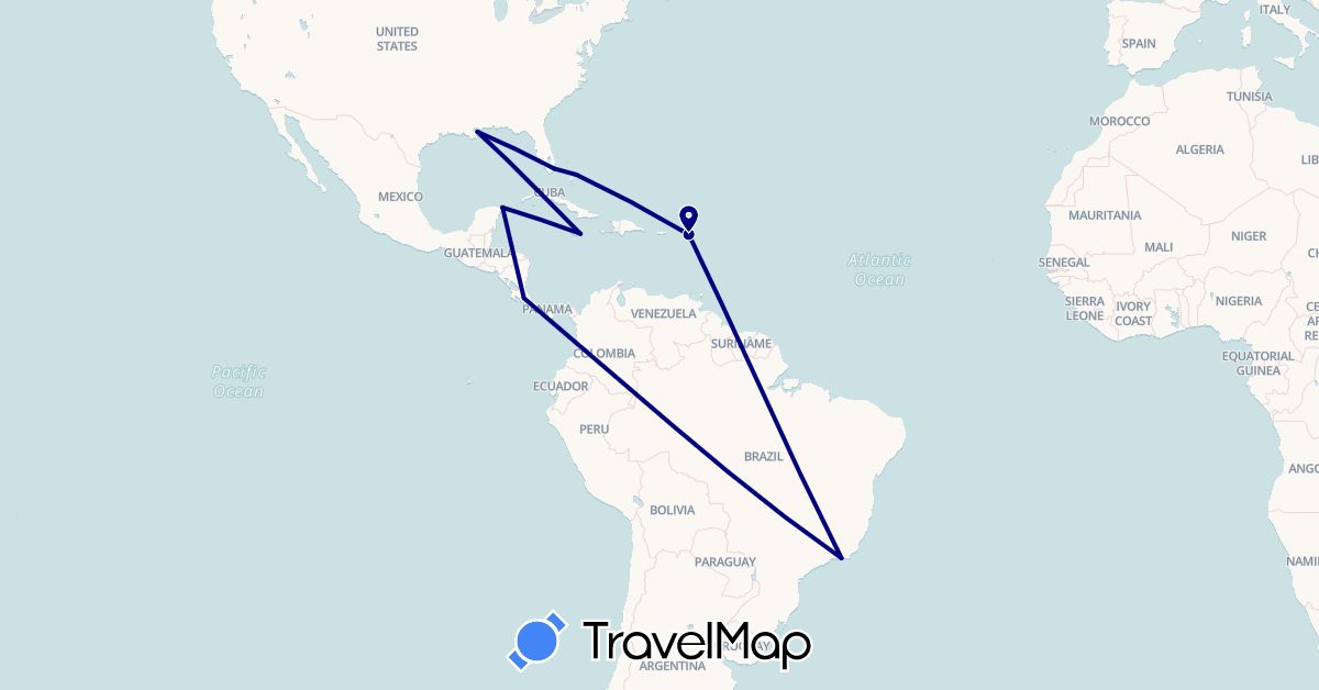 TravelMap itinerary: driving in Saint Barthélemy, Brazil, Bahamas, Costa Rica, Cuba, Jamaica, Mexico, United States (North America, South America)